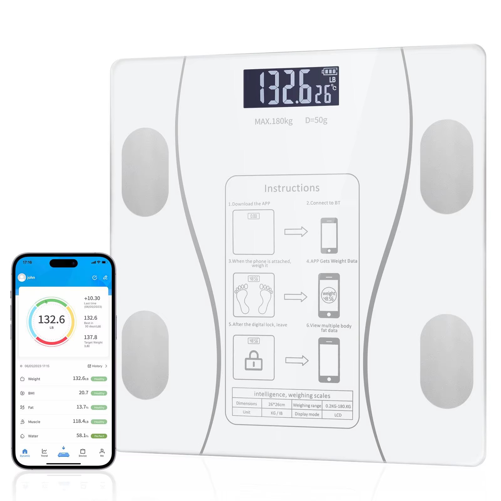Balance de salle de bain intelligente, balance numérique, connectable à une application pour l'enreg