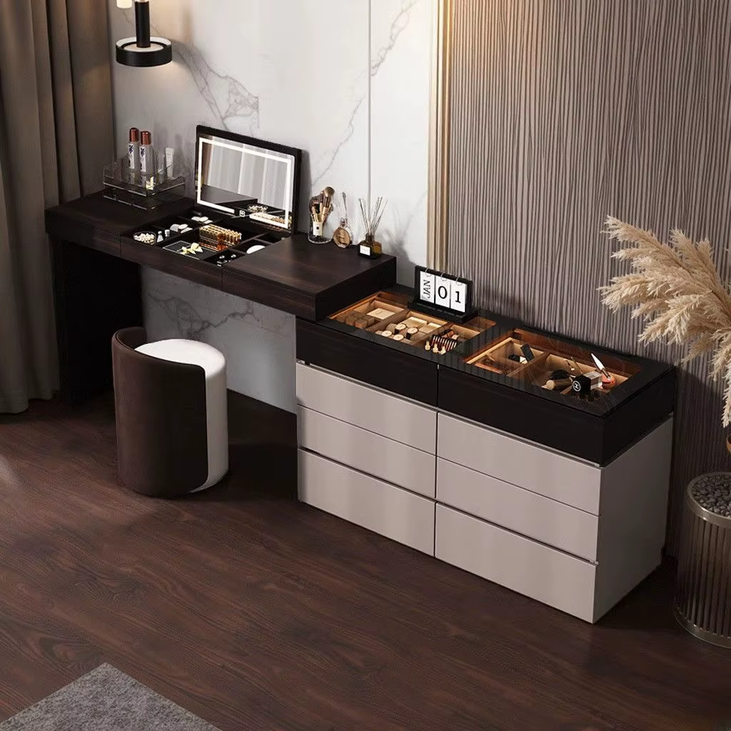 Coiffeuse noire en bois, tiroirs de vanité, coiffeuse intelligente pour chambre à coucher, miroir de