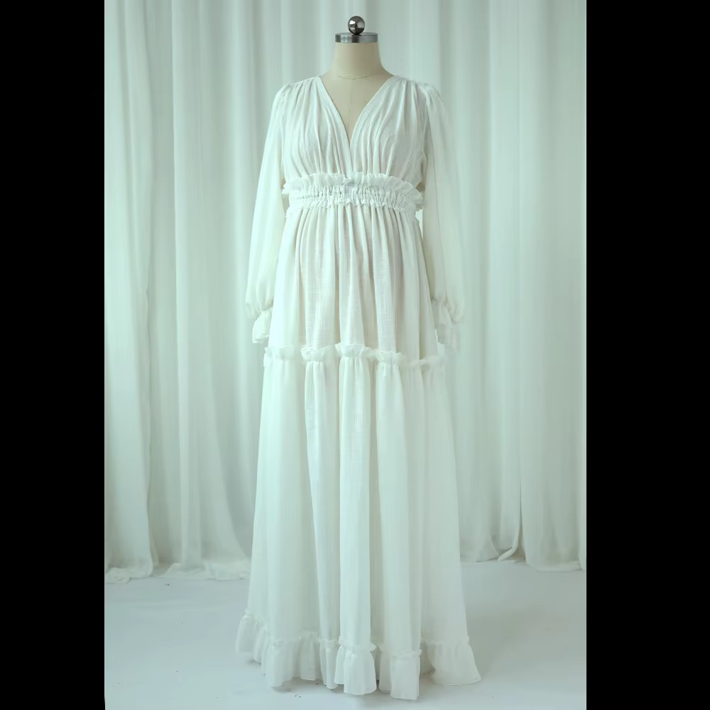 Robe de Grossesse en Lin et Coton pour Femme, Tenue Élégante à Col en V, Style Boho, pour ixPréChris