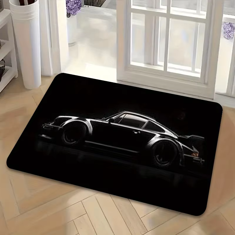 Tapis de porte « Sports Car Silhouette » – Design course automobile noir et blanc, antidérapant et l