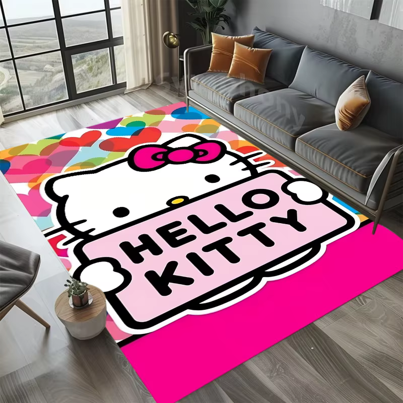 Tapis de salon noir Hello Kitty, tapis antidérapant avec lettrage de dessin animé, grand tapis de so