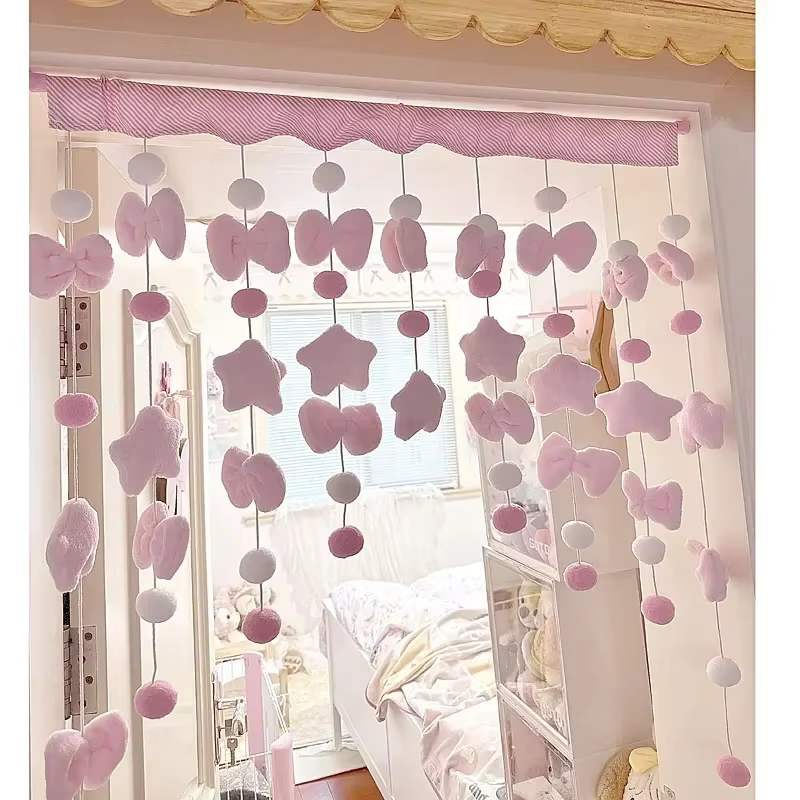 Rideau court rose mignon avec nœud, rideau de séparation en fil, décoration de fenêtre suspendue, ri