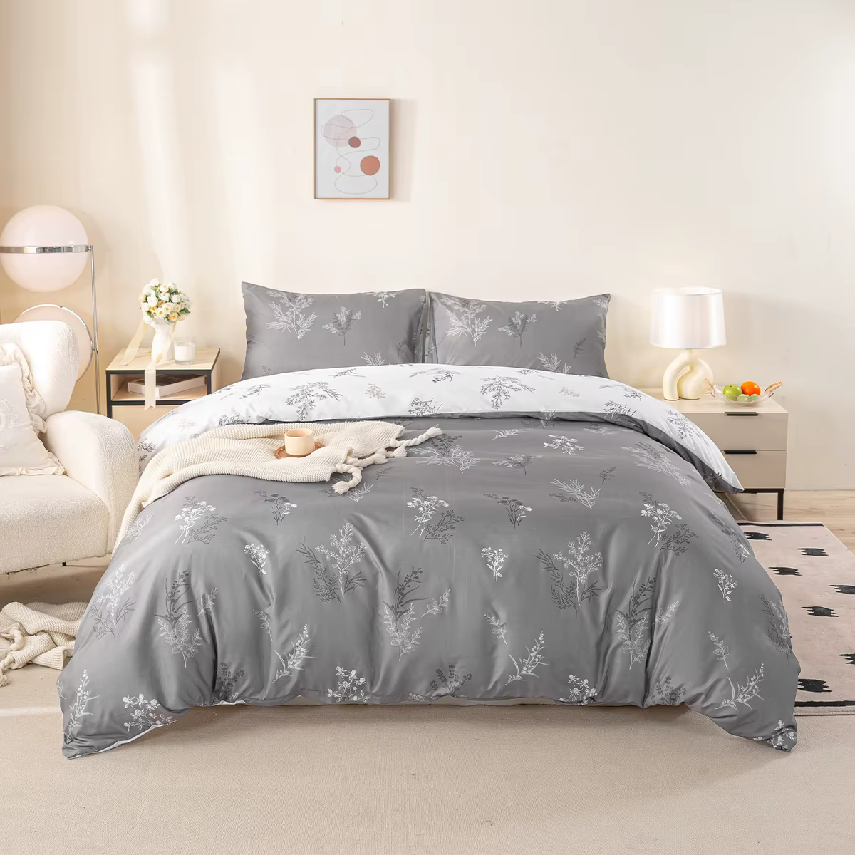 Ensemble de housse de couette imprimée de brindilles botaniques sauvages, gris, réversible, à la mod