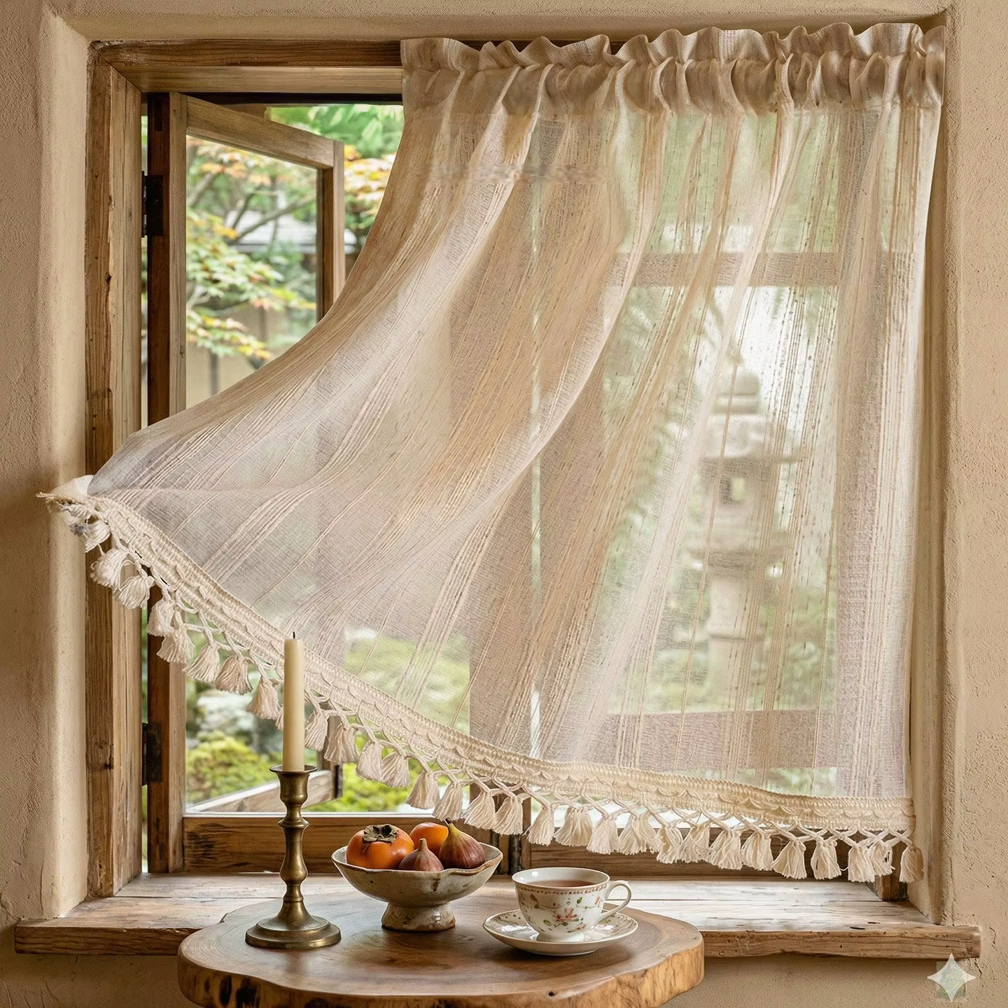 1 rideau en lin couleur thé au lait, style japonais, avec franges en bois, demi-rideau, pour chambre