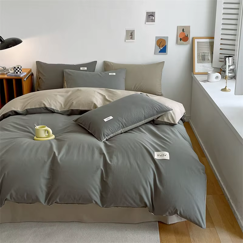 Parure de lit trois pièces confortable de couleur unie, ensemble quatre pièces gris