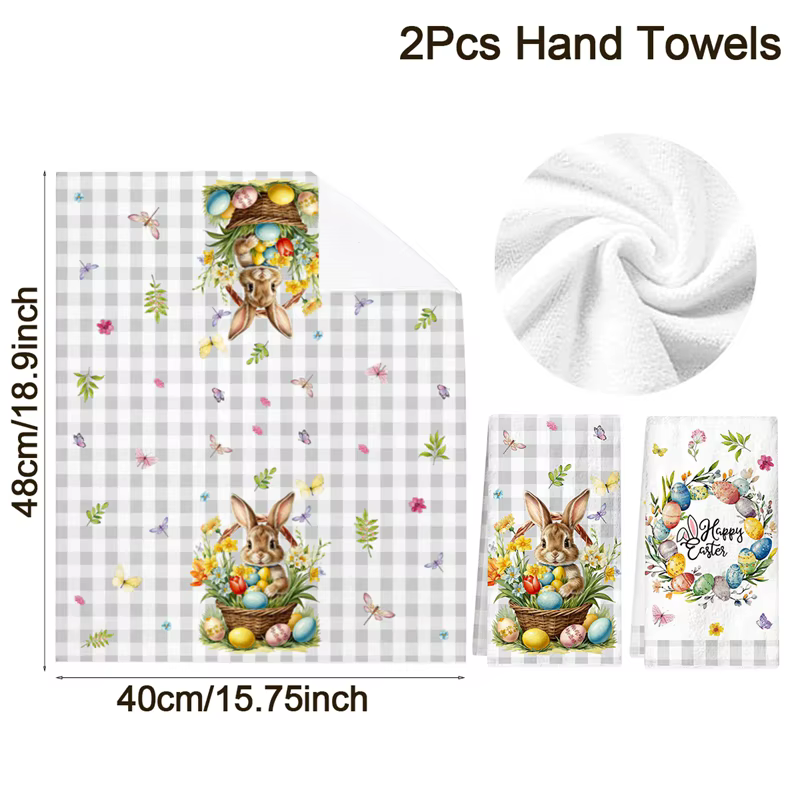 2 serviettes de cuisine de Pâques, lapin, œufs, serviettes à main réutilisables, décoration de Pâque
