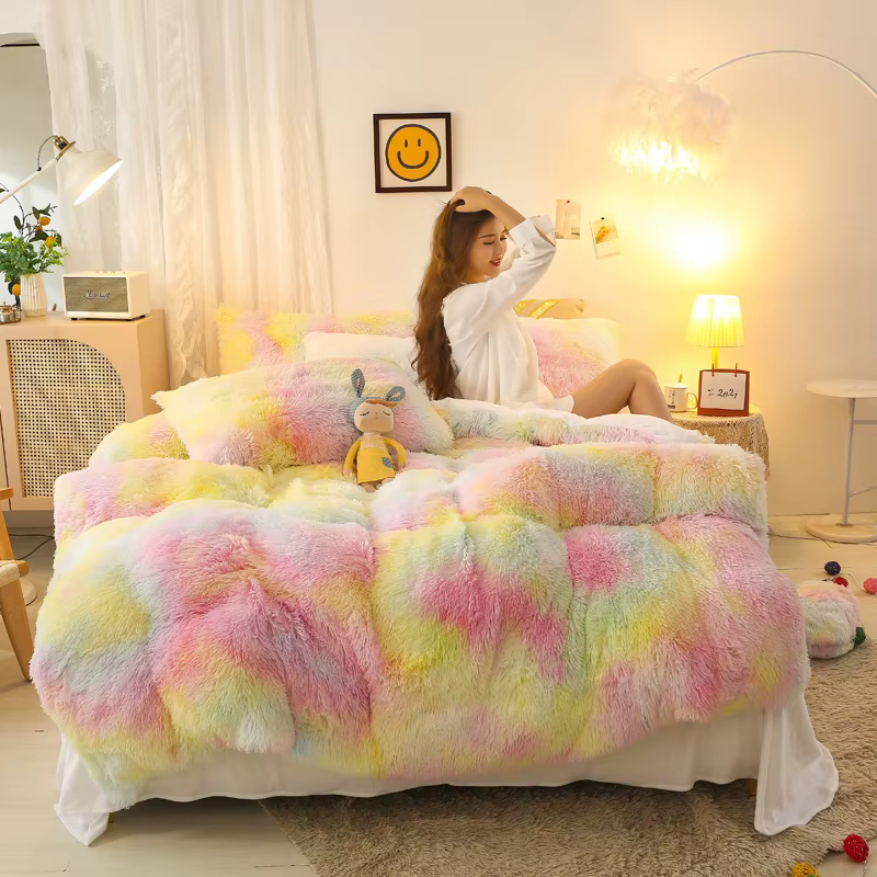 Parure de lit en flanelle et peluche, cheveux longs, housse de couette teinte par nouage, Style euro