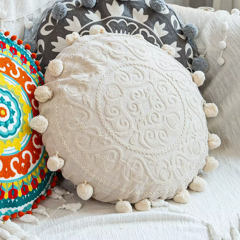 Marocain ethnique rond housse de coussin Mandala broderie florale décor à la maison salon coton cana