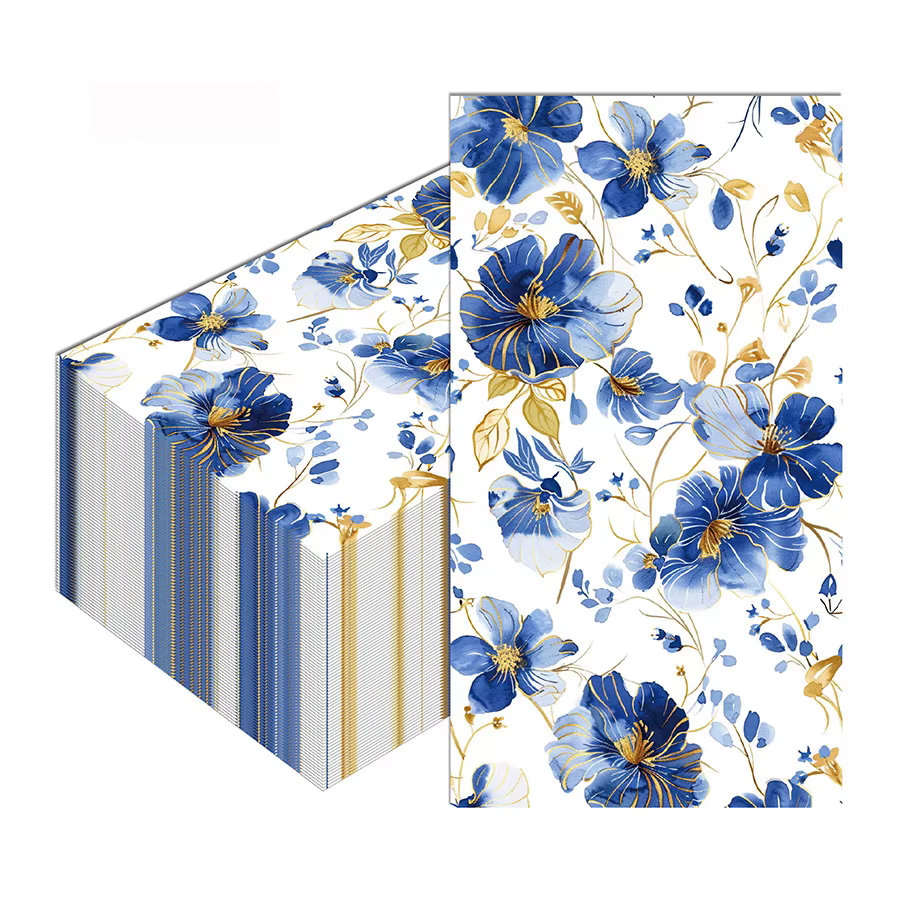 20 serviettes en papier jetables élégantes bleu et or à motif floral, serviettes de table pour invit