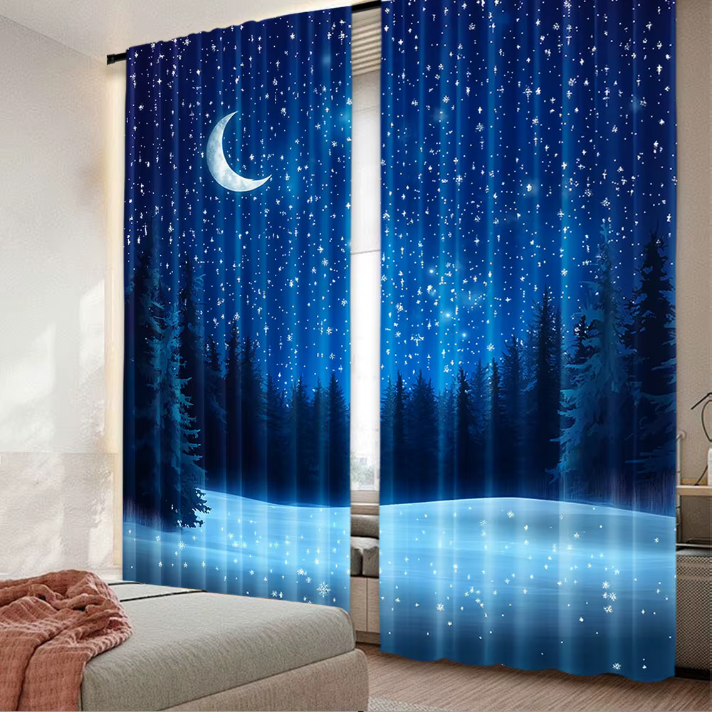 Rideau de lune 2 pièces, saison d'hiver, pays des merveilles, ciel étoilé, forêt nocturne, paysage p