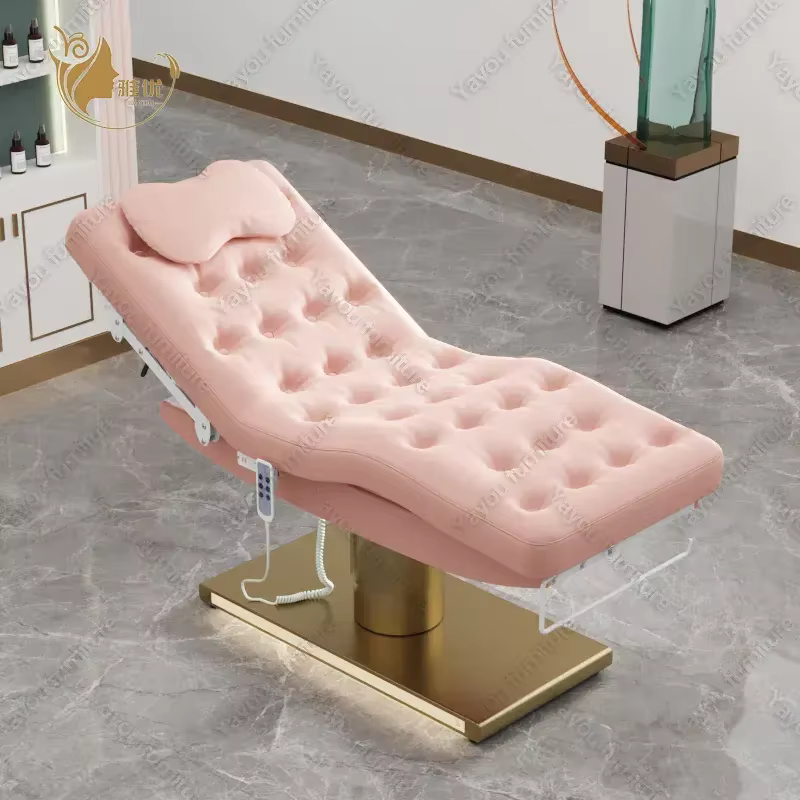 Fauteuil de Luxe Électrique à 3 Moteurs pour Soins du Visage, Base Dorée, Capitonnée, Chaise d'Esthé