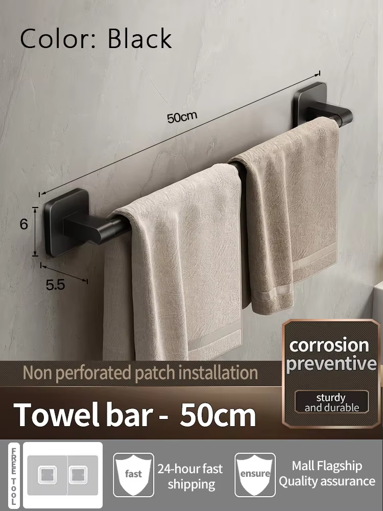 Porte-serviettes noir auto-adhésif sans perçage, support mural pour salle de bain, barre porte-servi