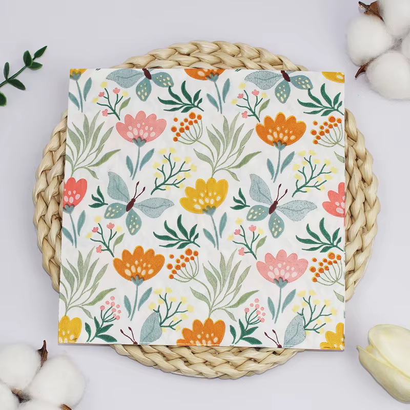 Serviettes imprimées de papillons floraux MODA - Serviettes en papier carrées élégantes à motif de f