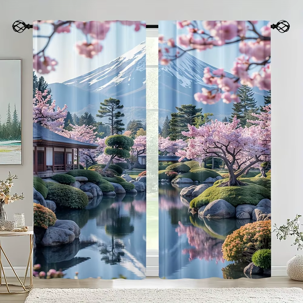 Rideau japonais à motif de cerisier en fleurs et de paysage de montagne, imprimé en 3D, pour chambre