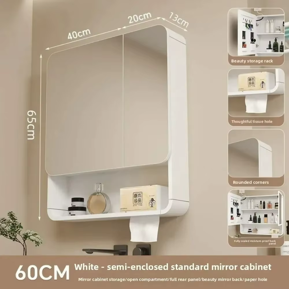 Miroir de salle de bain LED avec armoire, anti-buée, mural, rangement intégré, en fibre de carbone, 