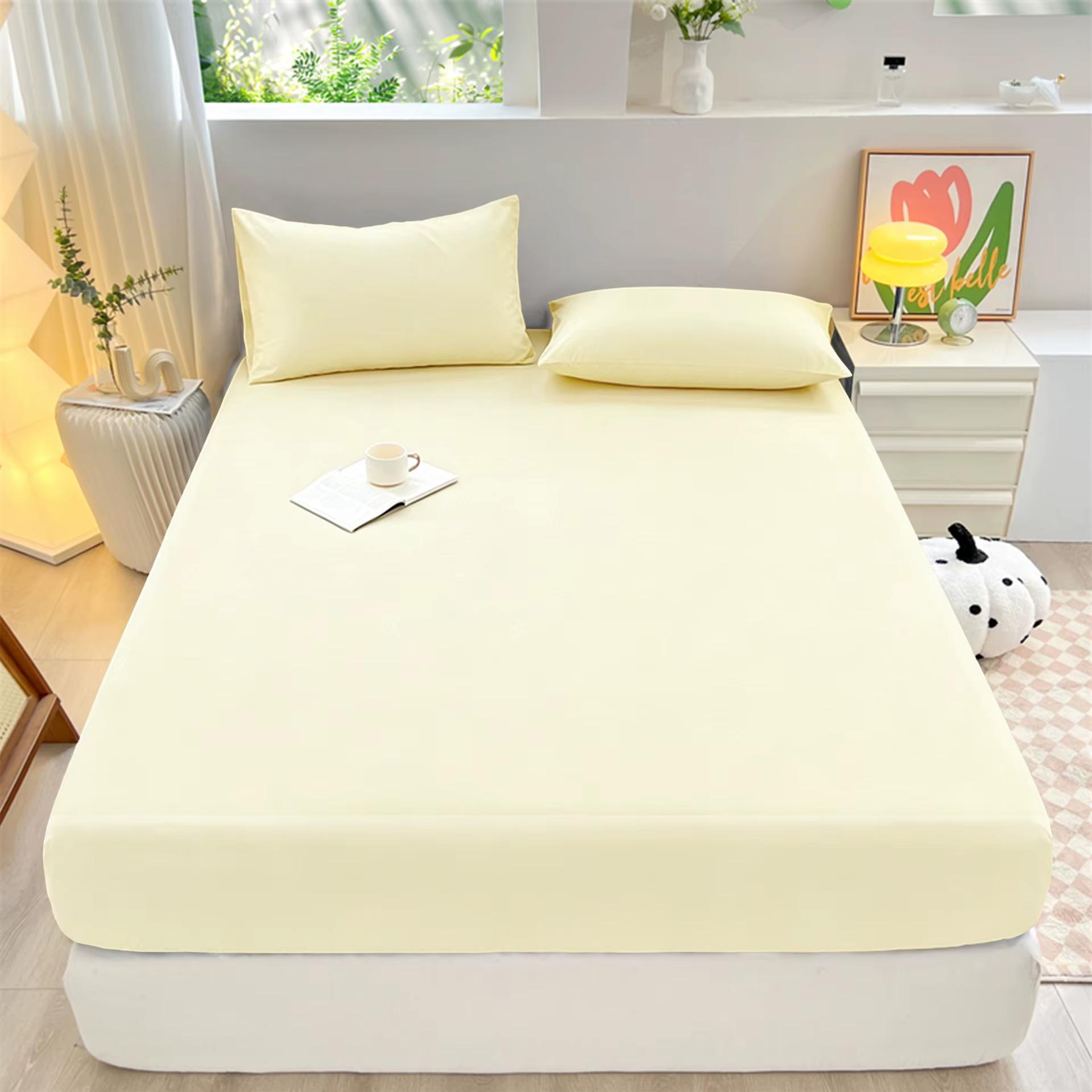 Ensemble de draps-housses 3 pièces de couleur unie 90/120/150/180x200cm avec bande élastique, protèg