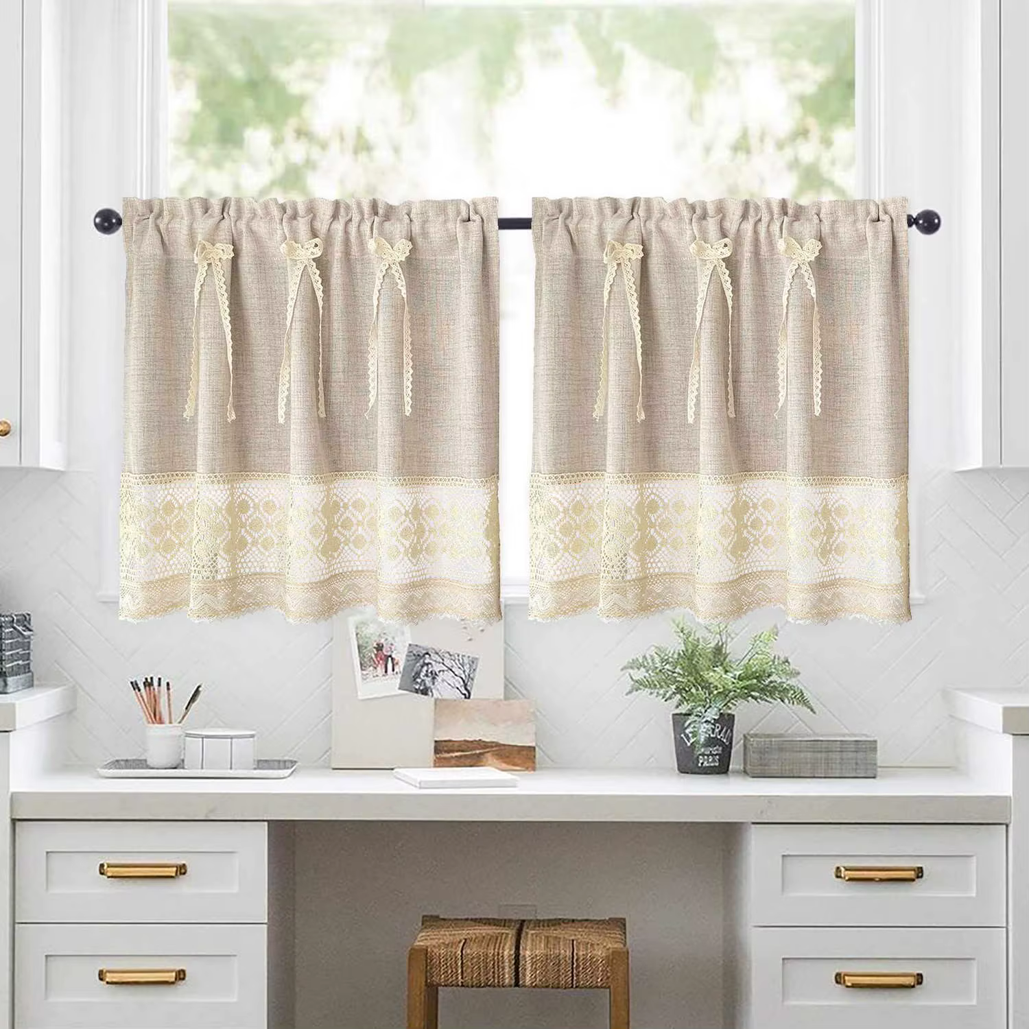 Rideaux courts beiges avec coutures en dentelle au Crochet style Boho, demi-rideau rétro avec ruban,