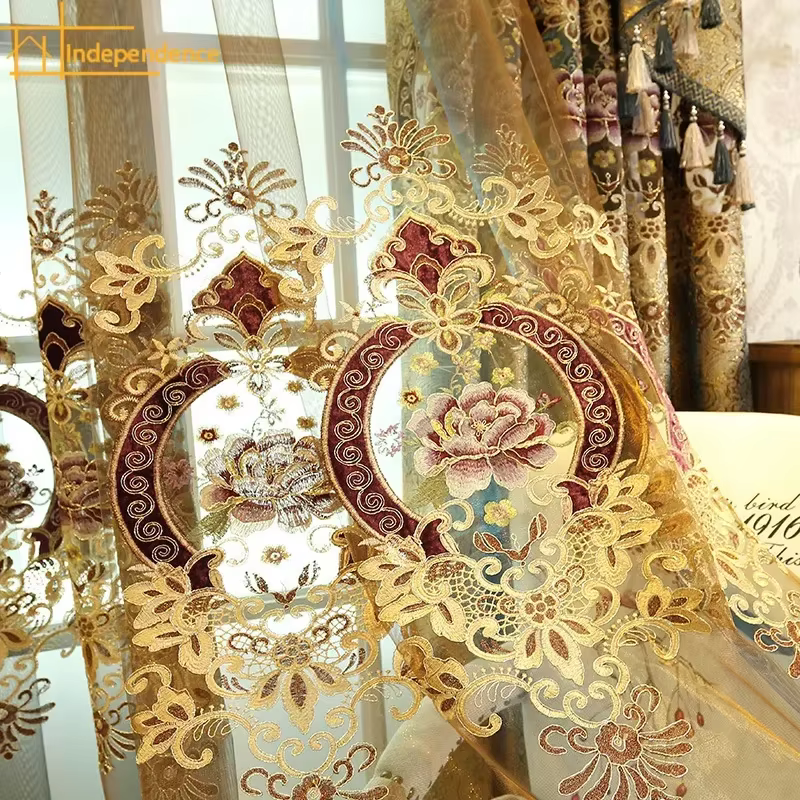 Rideaux brodés de luxe pour salon et chambre à coucher, cantonnière moderne en velours doré, tulle d