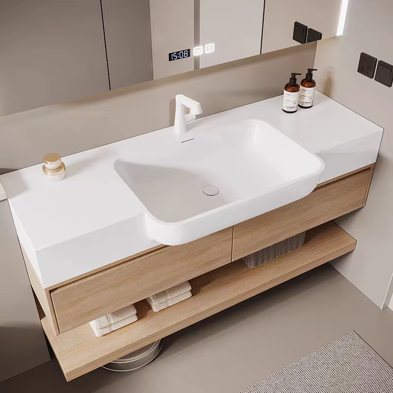 Meuble-lavabo mural en Corian sur mesure avec lavabo intégré, taille ajustable, design gain de place