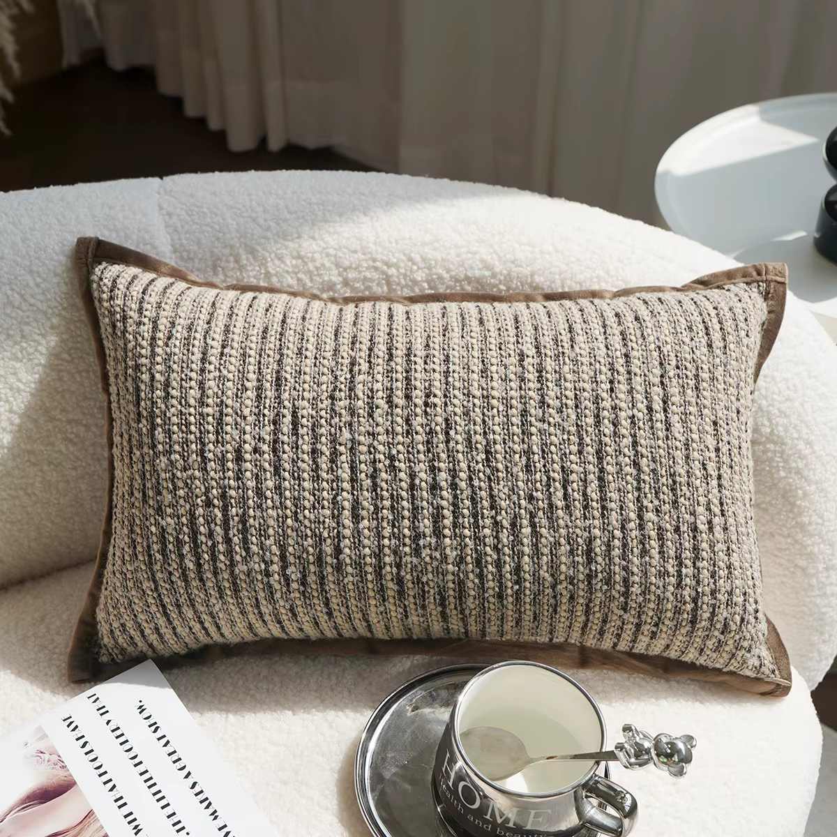 Housse de coussin tissée en cuir de qualité supérieure, taie d'oreiller marron Maillard, luxe Boho V