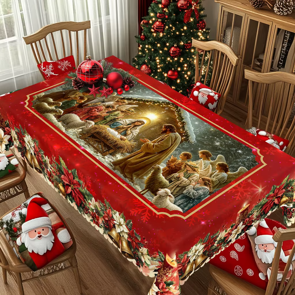 1 pièce de nappe imprimée rouge sur le thème de Noël, style ferme de campagne vintage, conception de