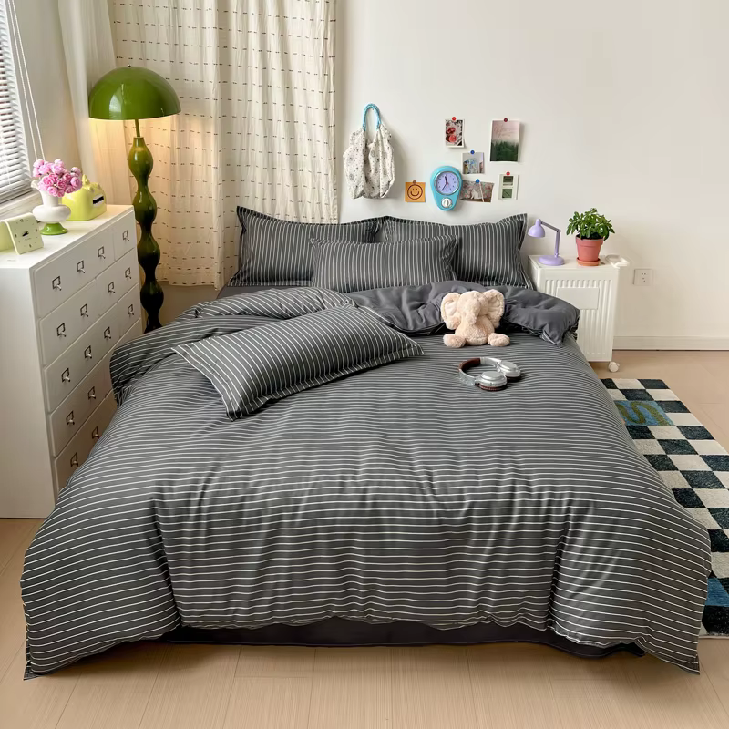Ensemble de literie rayé gris 4 pièces, ensemble de housse de couette moderne à rayures blanches ave