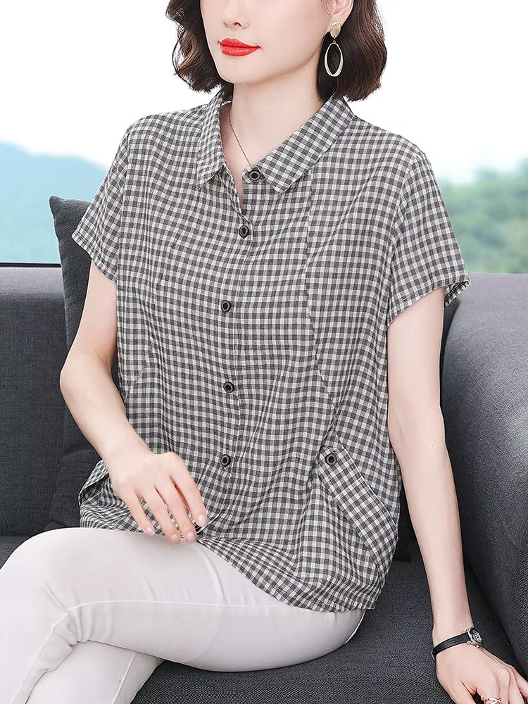 Chemise à carreaux à manches courtes pour femmes, haut ample et à la mode, en pur coton, nouvelle co