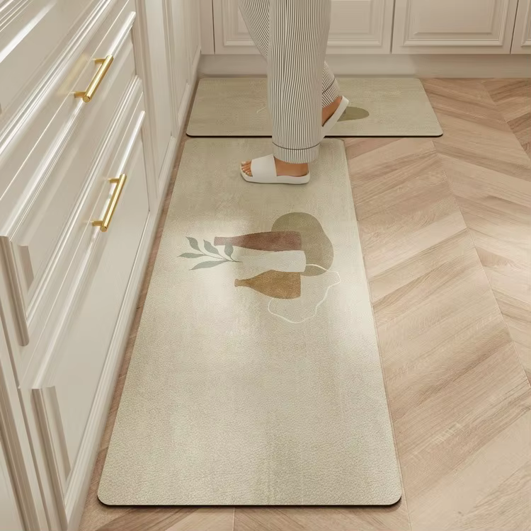 Tapis de sol imperméable pour cuisine, Beige, en cuir Pvc, antidérapant, résistant à l'huile, longs 