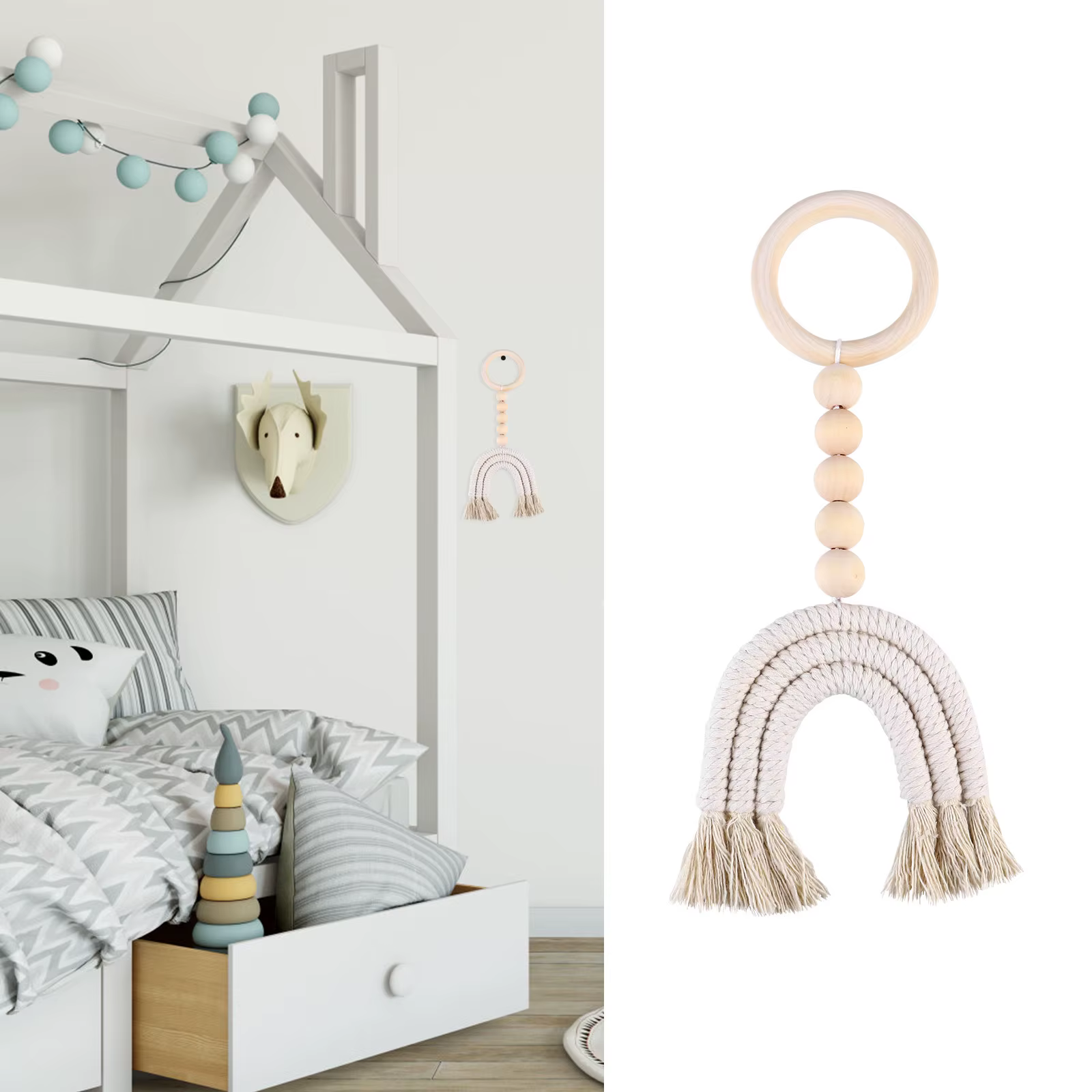 Décoration Bohème pour Chambre : Pendentif Arc-en-ciel en Perles de Bois Beige avec Pompon