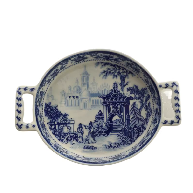 Casserole en porcelaine bleue et blanche, poêle à double poignée, ustensiles de cuisine en céramique