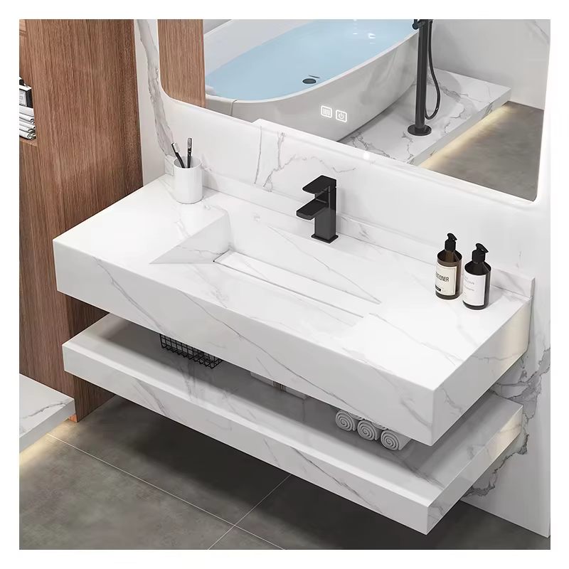 Meuble de salle de bain moderne de luxe XHSH avec lavabo incliné intelligent, miroir LED, vasque mur