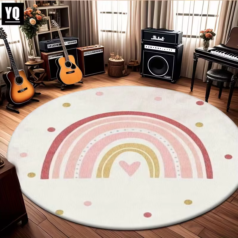 Tapis rond rose à pois et cœurs arc-en-ciel, tapis de sol pour chambre d'enfant, aire de jeux, chamb