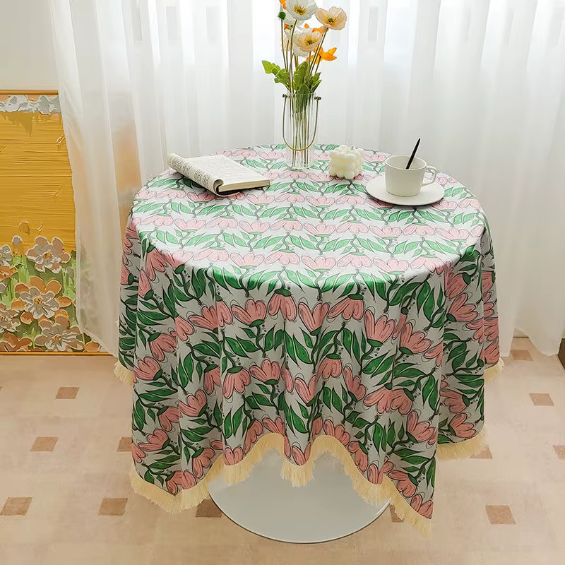 Nappe rectangulaire imperméable à imprimé floral de printemps avec pompons, style coréen et japonais