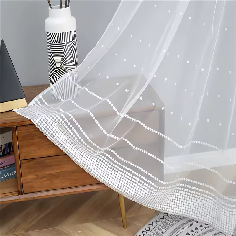 Rideau en tulle brodé de dentelle à pois blancs modernes, rideaux transparents de géométrie, rideaux