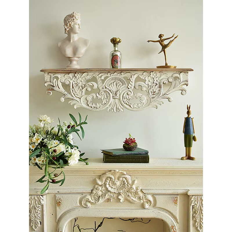 Étagère de cheminée en corbeau blanc vieilli, pays français, décoration de salon, 31 pouces