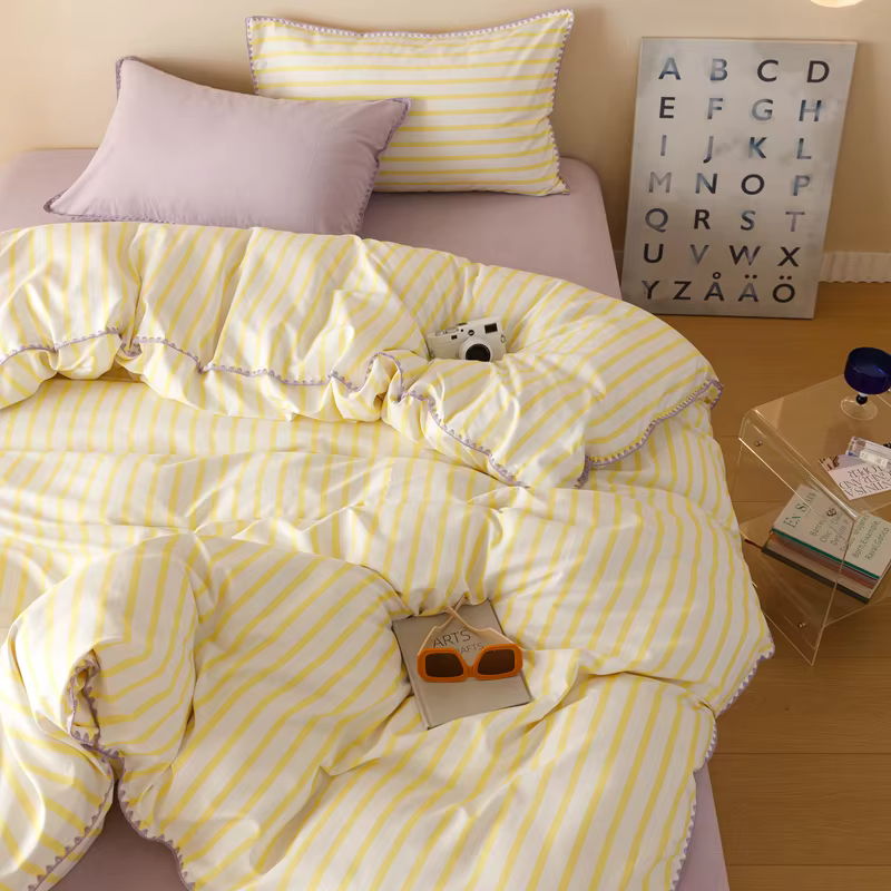 Ensembles de literie à rayures jaunes, housse de couette, drap plat, taie d'oreiller, linge de lit Q