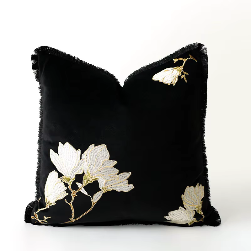 Juste de coussin brodée noire haut de gamme, taie d'oreiller rétro légère, luxe, plante, léopard, dé
