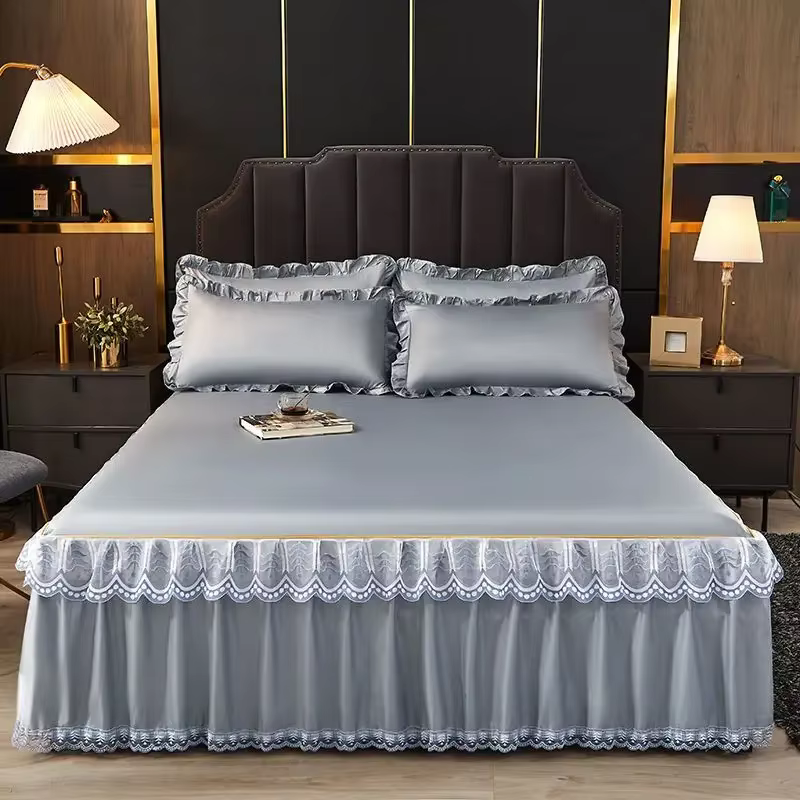 WASART luxe dentelle lit jupe été couvre-lit solide satin rayonne linge de lit couple literie simple
