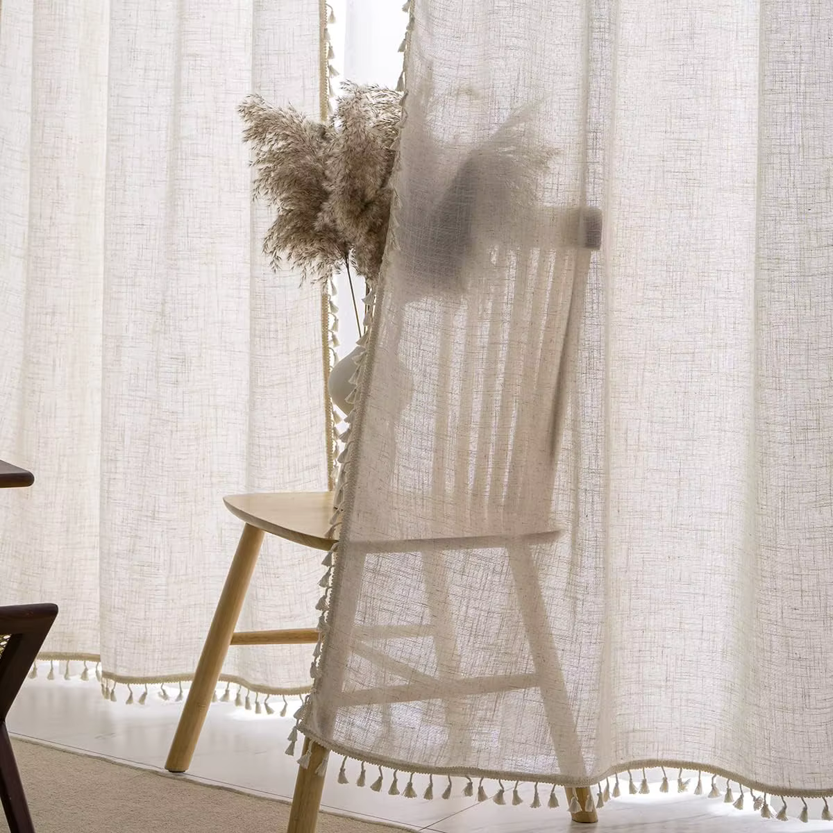 Rideaux transparents Boho 1 panneau 63 pouces de longueur pour cuisine, pays français texturé en lin