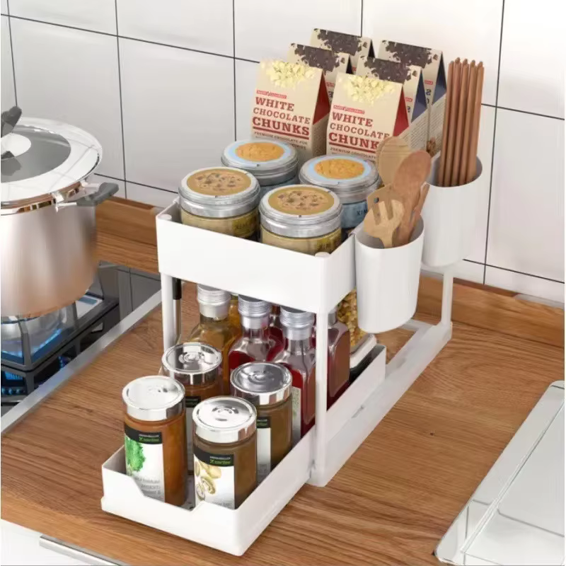 Panier coulissant à 2 niveaux pour armoire, organisateur multifonctionnel pour évier avec porte-gobe