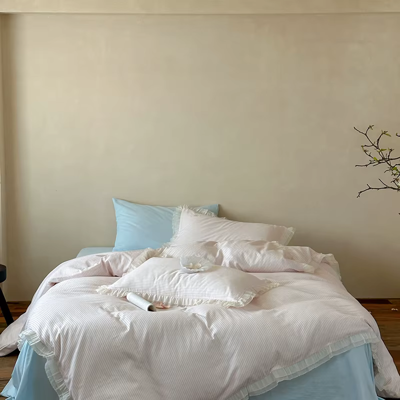 Parure de lit 100 % coton double épaisseur en gaze avec drap-housse, douce et respirante, pour lit Q