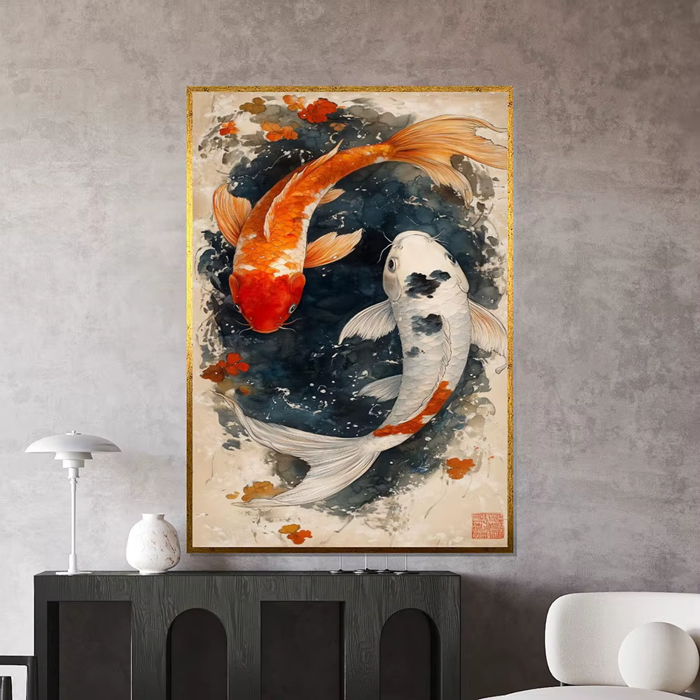 Affiche Feng Shui Yin-Yang avec poisson Koi japonais, peinture sur toile, décoration murale pour cha