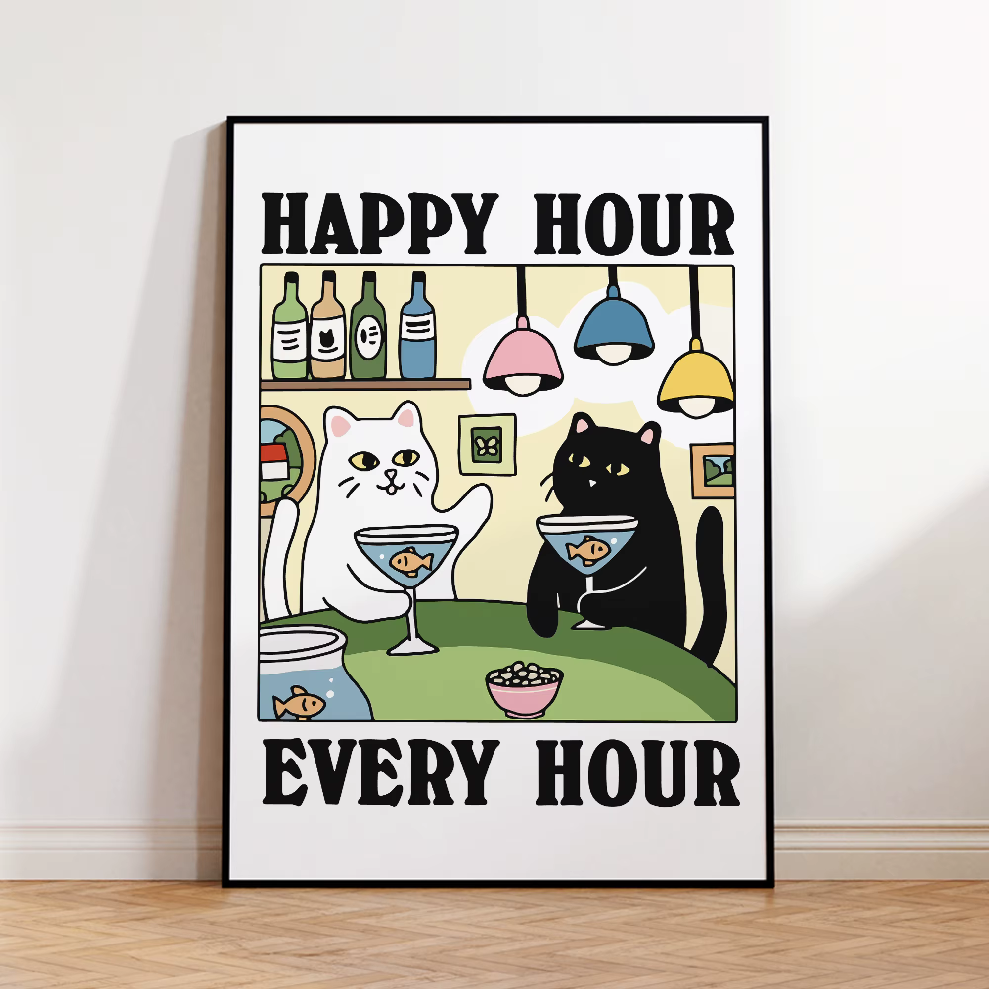 Happy Hour Every Hour – imprimés d'art mural de chat de dessin animé, peinture sur toile, affiche ph