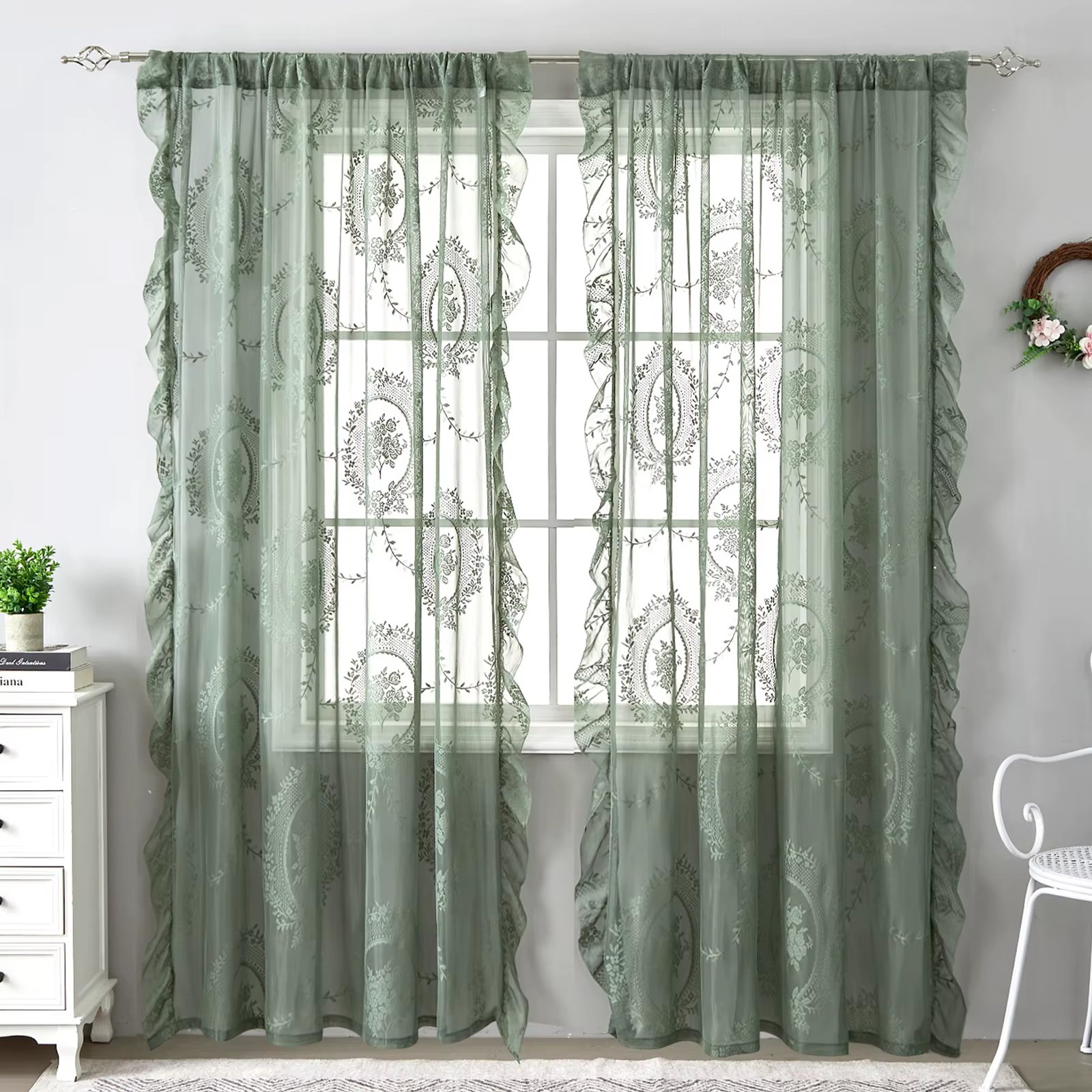 Rideaux français rétro en dentelle à volants, en Tulle transparent, vert, pour chambre de filles, sa