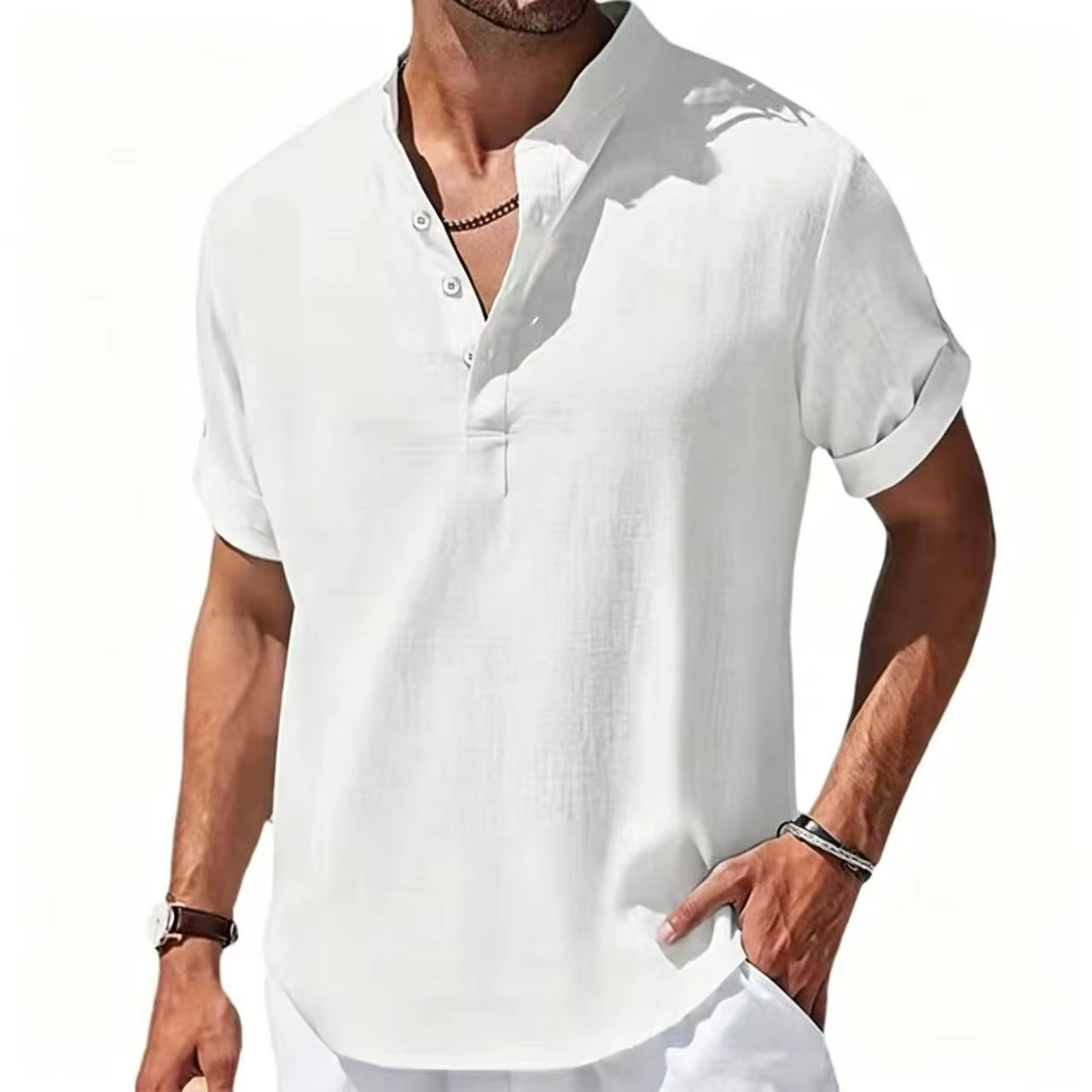 Chemises à manches courtes pour hommes en coton et lin, vente chaude, couleur unie, col Henley, styl