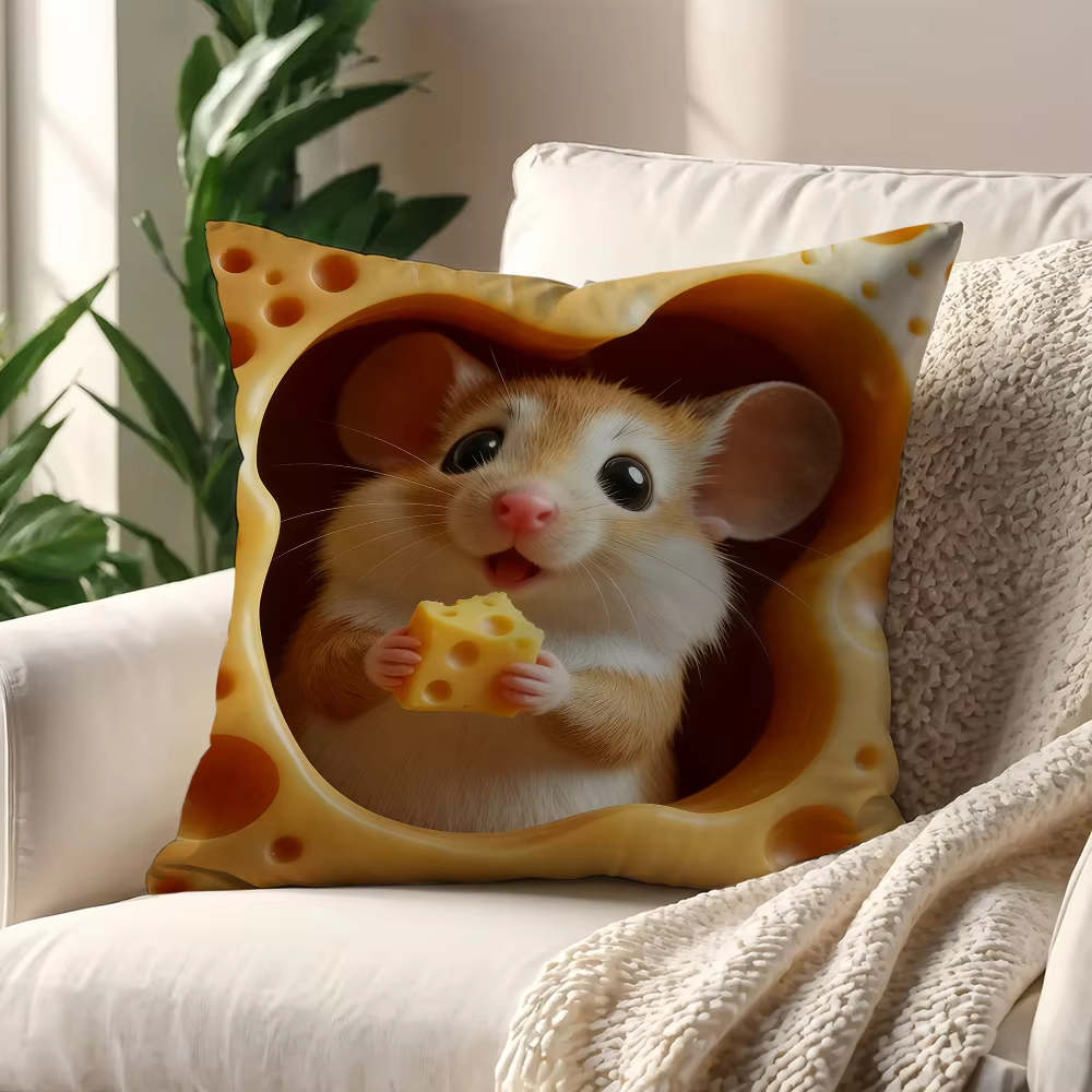Housse de coussin Kawaii Mignonne Souris dans le Fromage pour Oreiller, Décoration de Canapé, Maison
