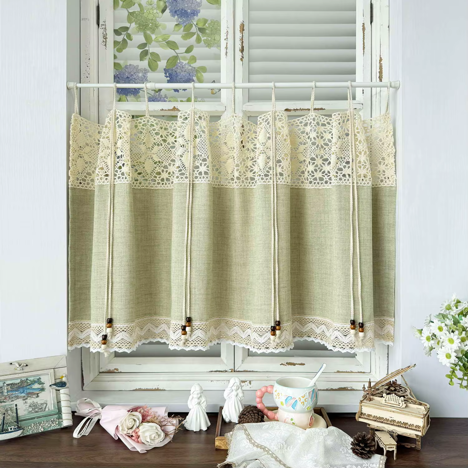 Rideau court de style bohème, rideau de fenêtre de petite taille de style rustique campagnard, drape