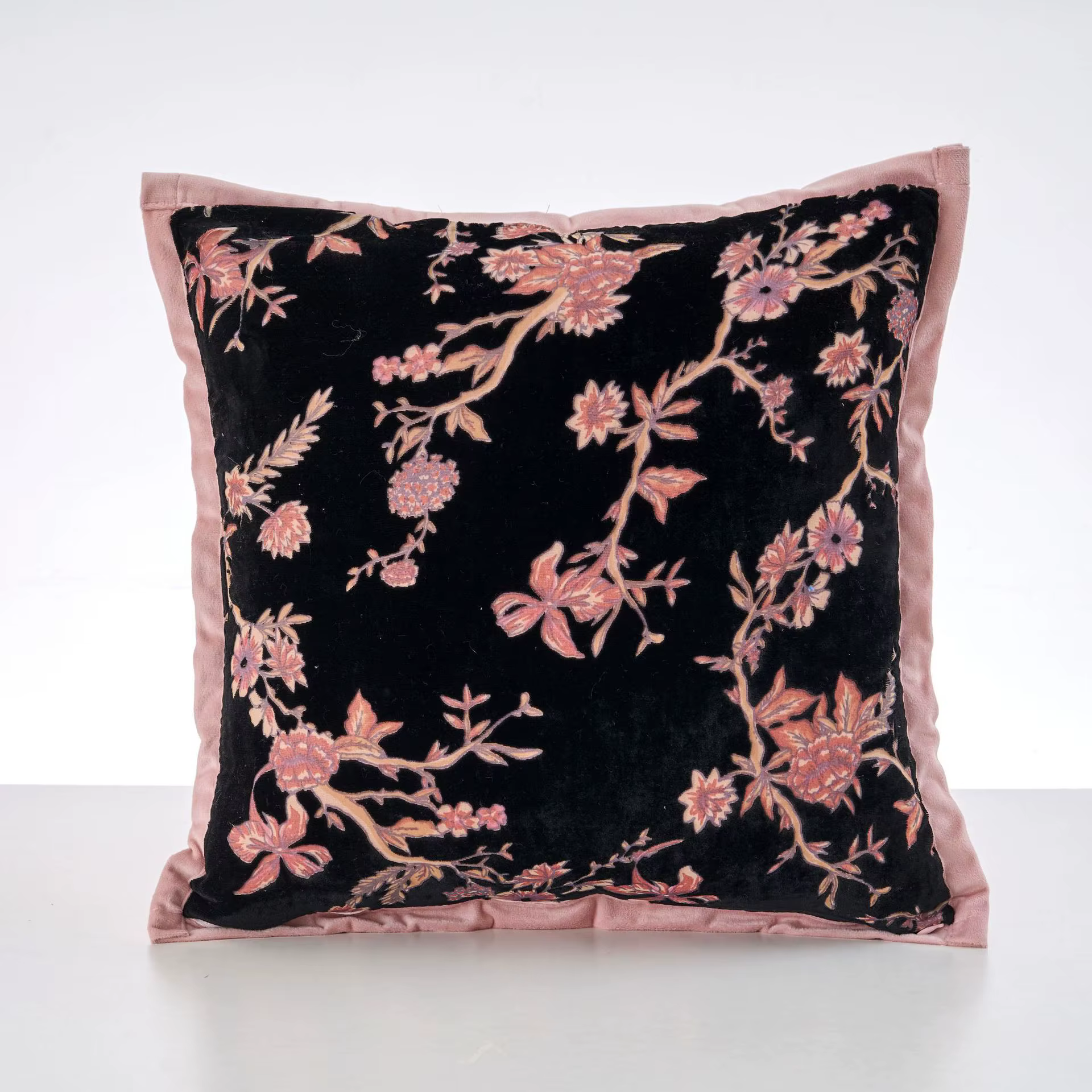 Housse de coussin en velours imprimé floral, élégance française, vintage, douce, avec bordure rose, 