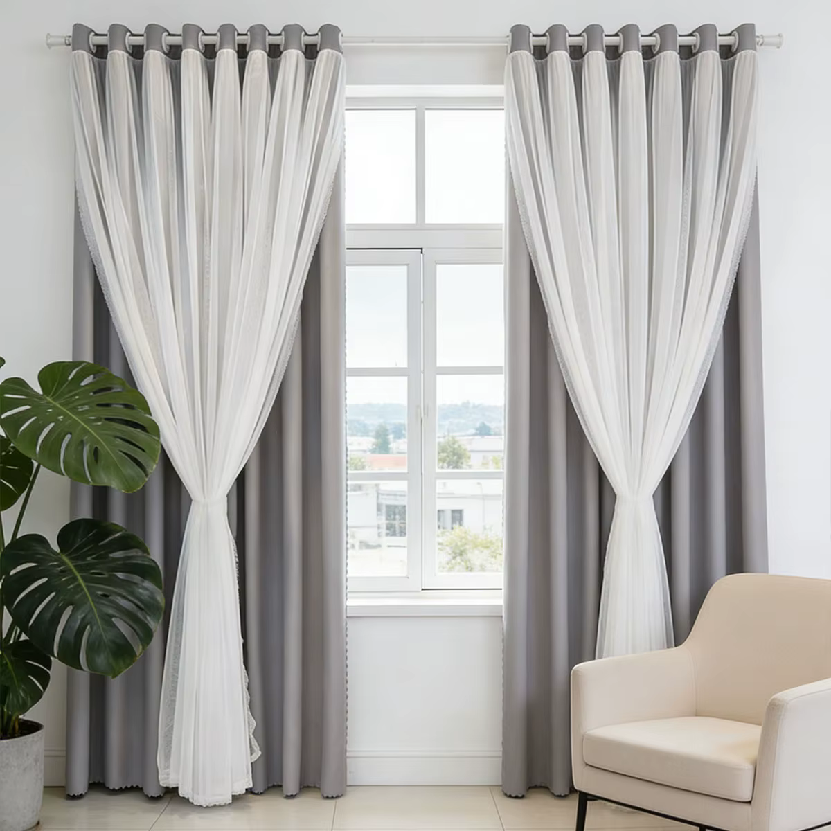 2 rideaux de luxe à double couche, rideaux occultants et voilages pour salon et chambre (tringle non