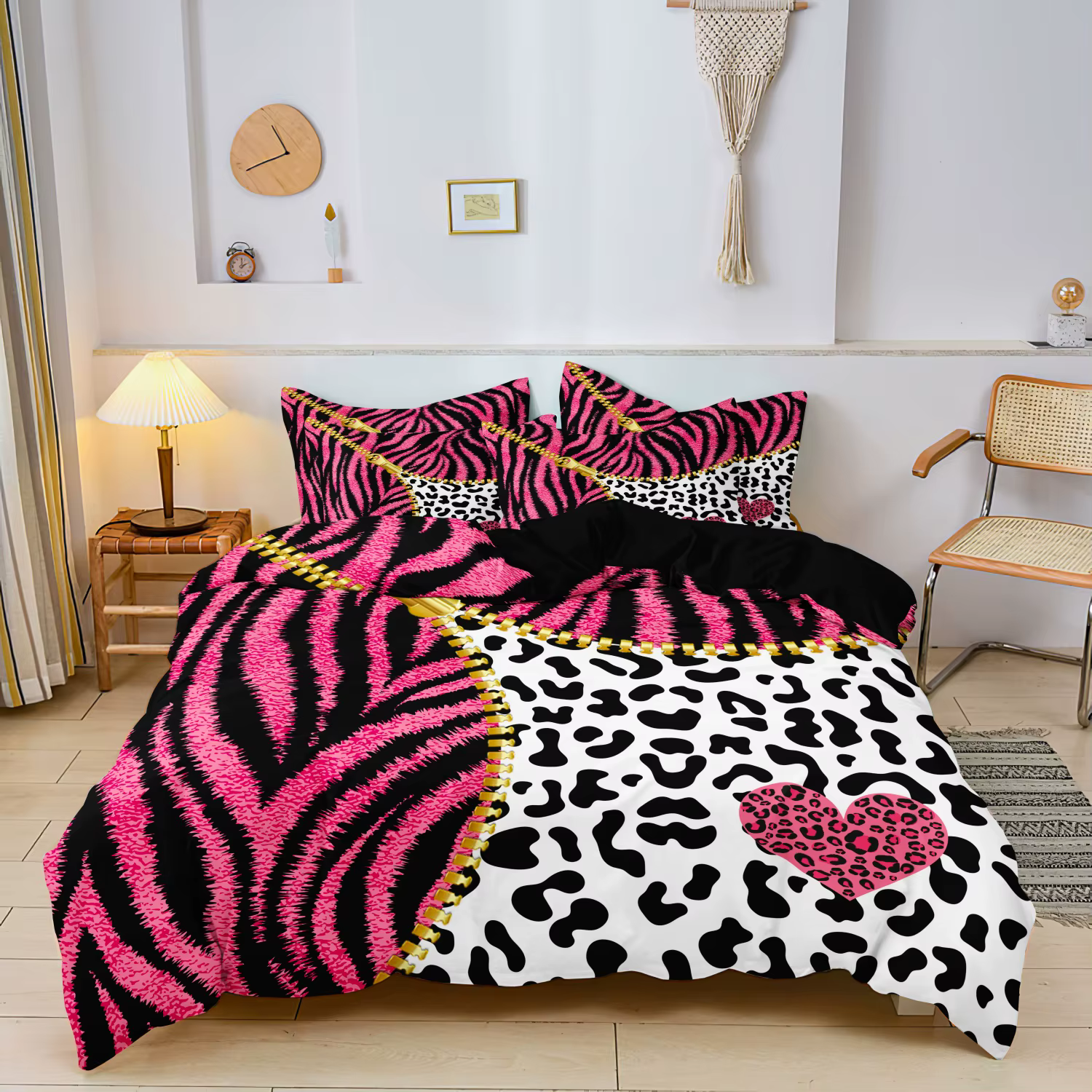Ensemble de 3 housses de couette en imprimé léopard rouge, rouge rose et rayures zébrées noires avec